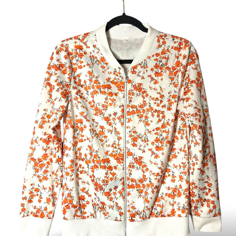 White and Orange Floral Bomber Jacket with Stand-Up Collar